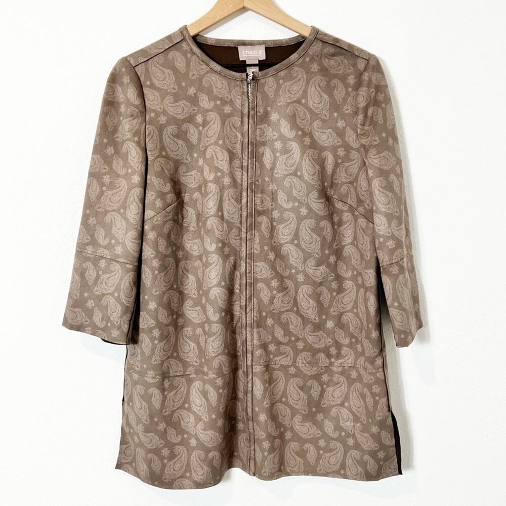 CHICO'S SOFT TONAL PAISLEY FAUX SUEDE JACKET PATTERN ROCKY MT TAUPE NEW SIZE 1